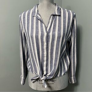 CLOTH & STONE Anthropologie Linen blend striped crop long sleeve blouse size sm